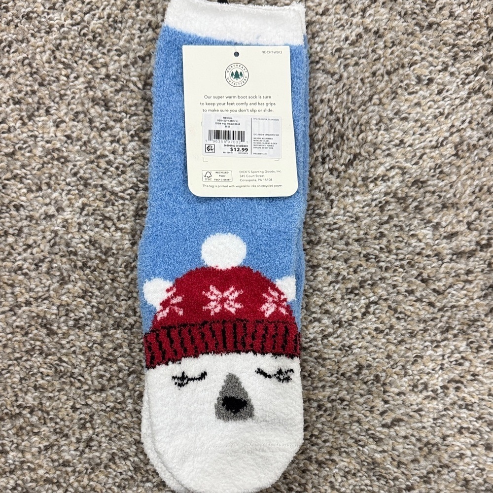 Blue and White Fuzzy Socks with Bear Design